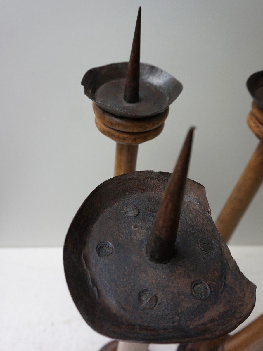 photo vintage Large Antique French Wooden Candlesticks, 19th Century, Set Of 4