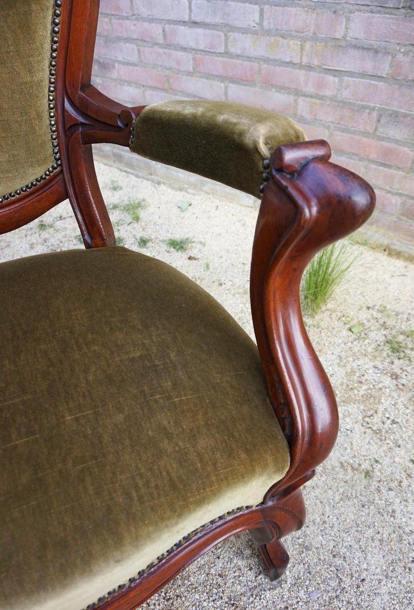 Biedermeier Mahogany Armchair With Carved Grapes And Leaves Decoration On Top, 1870s photo vinterior