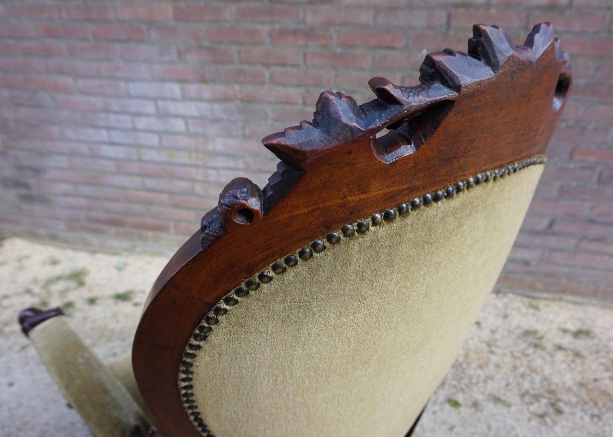 Furniture Biedermeier Mahogany Armchair With Carved Grapes And Leaves Decoration On Top, 1870s photo