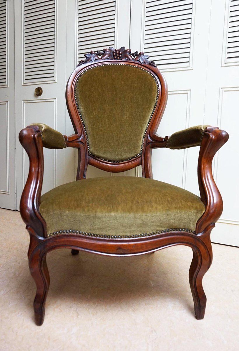 photo buy Biedermeier Mahogany Armchair With Carved Grapes And Leaves Decoration On Top, 1870s