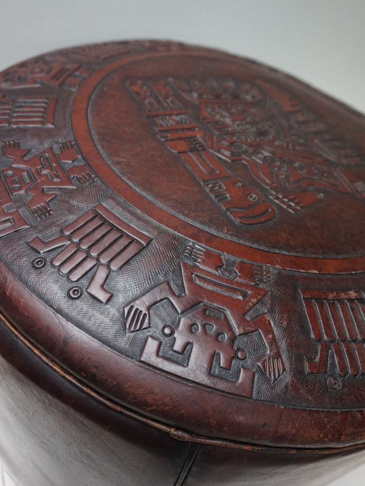 Round Saddle Leather Ottoman With Reliëf Mayan Motifs From Angel Pazmino, 1970s photo for sale