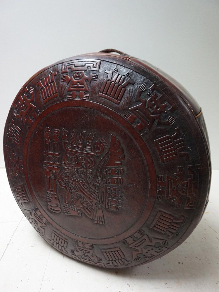 Round Saddle Leather Ottoman With Reliëf Mayan Motifs From Angel Pazmino, 1970s photo 377.0