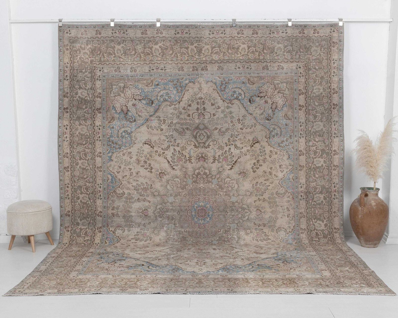 Antique Vintage Rug 10x12, Large Neutral Area Rug, Over Sized Handmade Carpet , 9.4×12.1 Feet