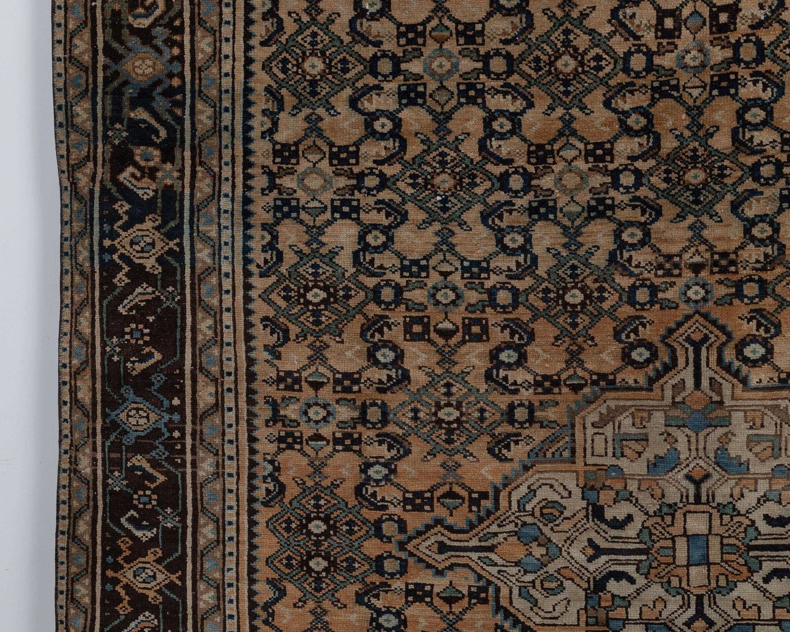 7x10 Vintage Area Rug, Brown Blue Geometric Wool Handmade Large Room Carpet, 6.6 X 9.7 Feet photo vinterior