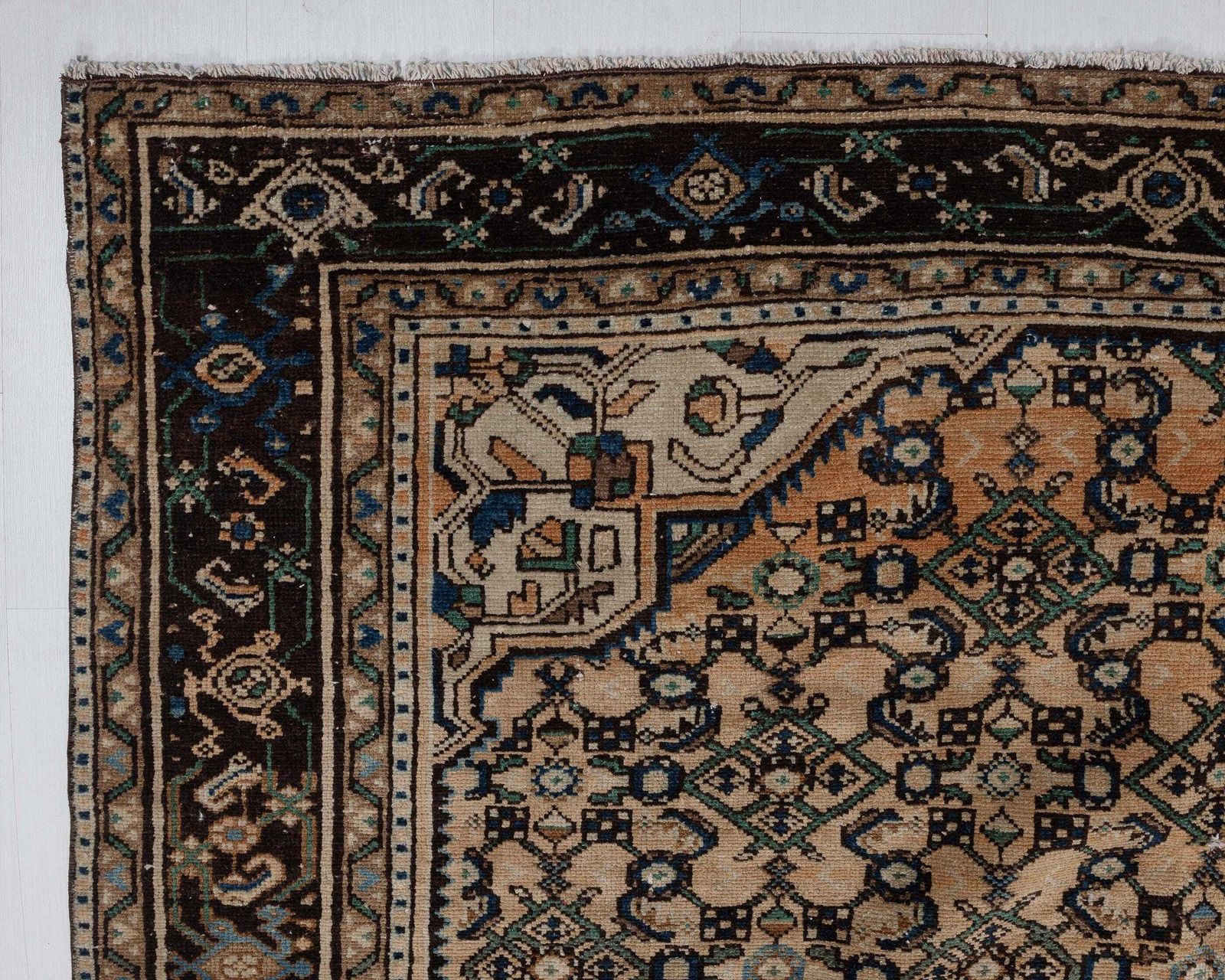photo furniture 7x10 Vintage Area Rug, Brown Blue Geometric Wool Handmade Large Room Carpet, 6.6 X 9.7 Feet