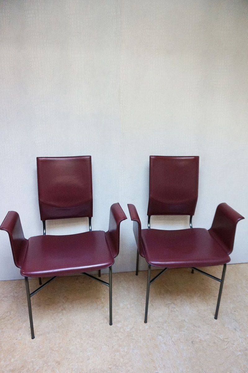 Armchairs In Bordeaux Red Leather By Ross Littell For Matteo Grassi, Steel, Italy, 1980s, Set Of 2 photo furniture