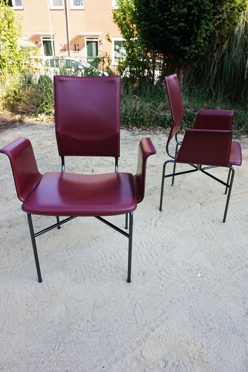 Furniture Armchairs In Bordeaux Red Leather By Ross Littell For Matteo Grassi, Steel, Italy, 1980s, Set Of 2 photo
