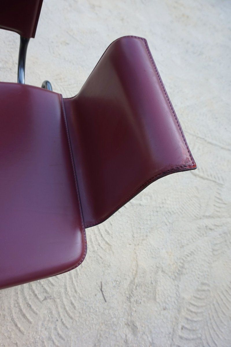 photo buy Armchairs In Bordeaux Red Leather By Ross Littell For Matteo Grassi, Steel, Italy, 1980s, Set Of 2