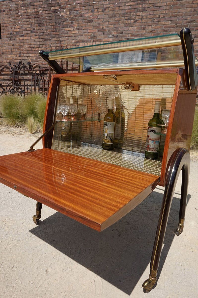 Mid Century Modern Italian Cocktail Bar Cart Cabinet Attributed To Cesare Lacca, 1960s photo vintage