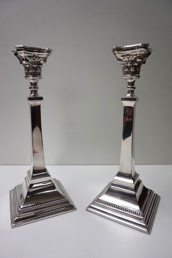 Neoclassical Sterling Silver Column Form Candleholders Birmingham By Bayliss And Coulthard, 1913, Set Of 2