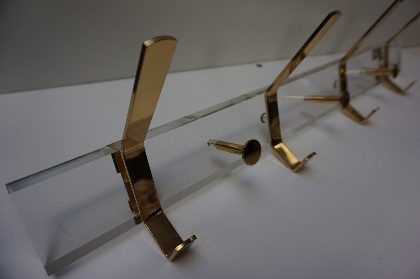 Hollywood Regency Acrylic Glass And Brass Wall Coat Rack, 1970s photo Furniture