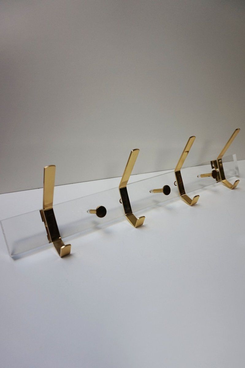 317.0 Hollywood Regency Acrylic Glass And Brass Wall Coat Rack, 1970s photo