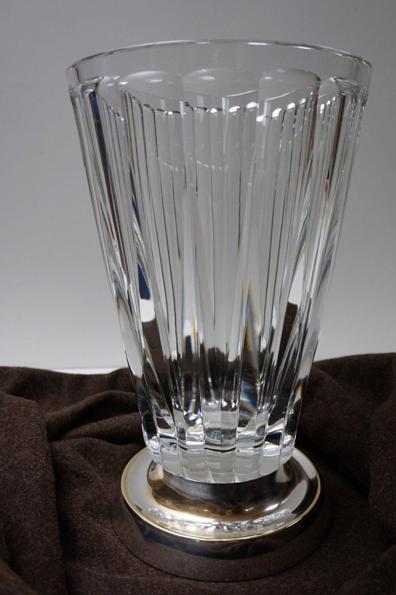 Art Deco Lead Crystal Glass Vase With Silvered Base From Wmf, 1935 photo vinterior