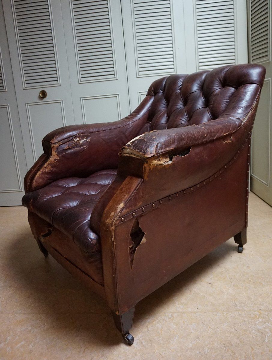 19th Century Distressed Leather Chesterfield Library Armchair photo vintage