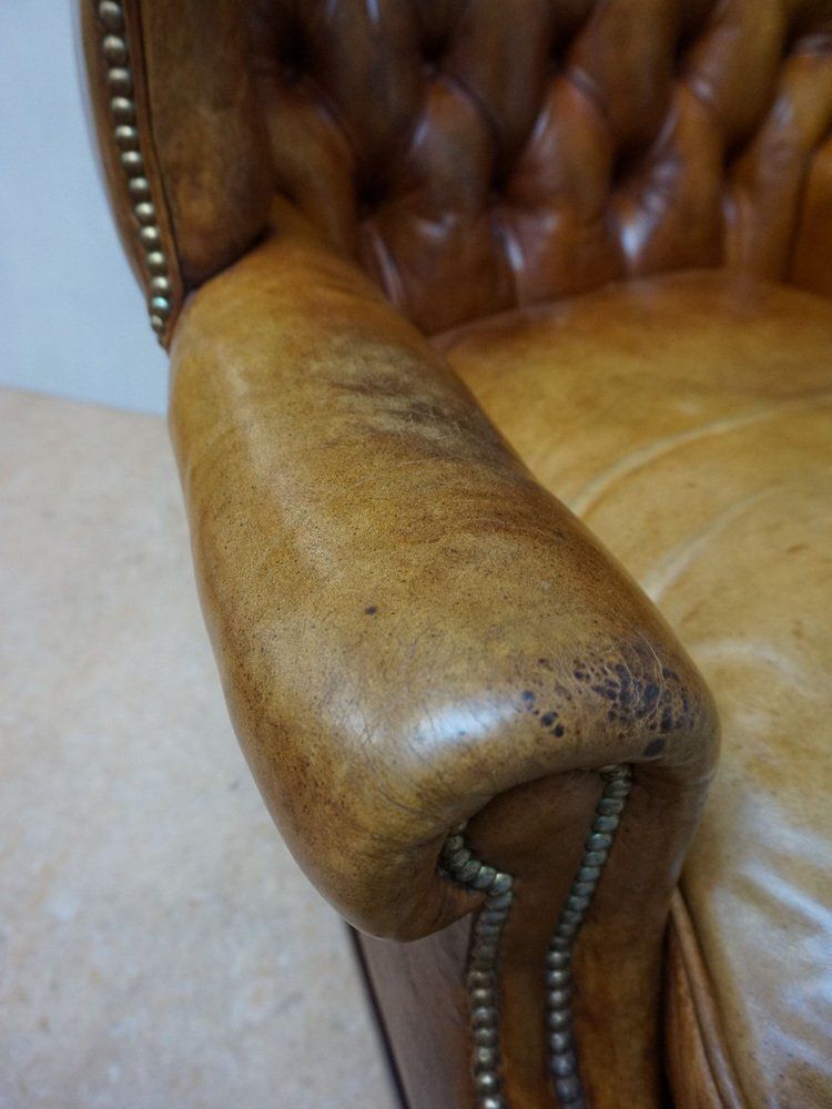 Mid Century Cognac Leather Chesterfield Wingback Armchair, 1960s photo Furniture