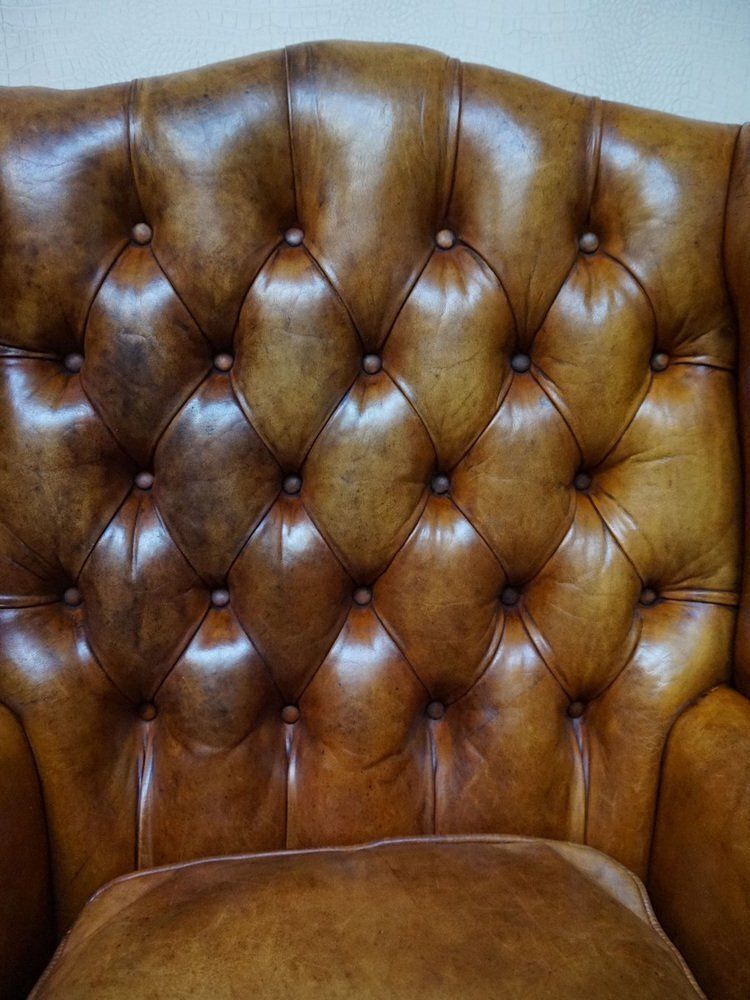 Mid Century Cognac Leather Chesterfield Wingback Armchair, 1960s photo 820.0