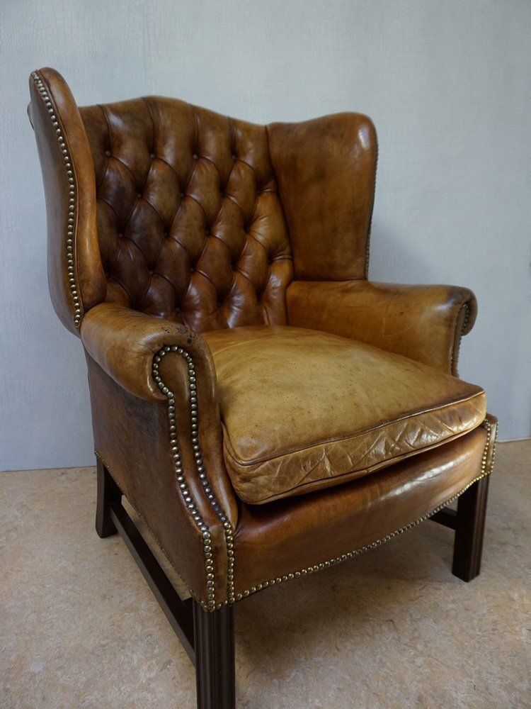 Mid Century Cognac Leather Chesterfield Wingback Armchair, 1960s photo buy