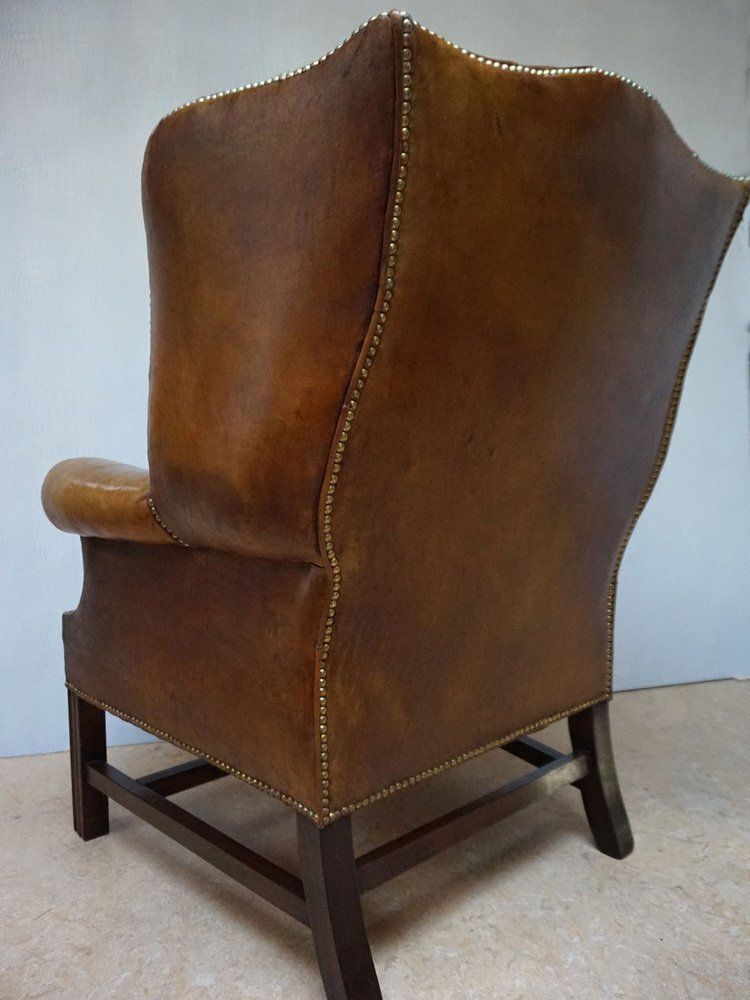 photo vinterior Mid Century Cognac Leather Chesterfield Wingback Armchair, 1960s