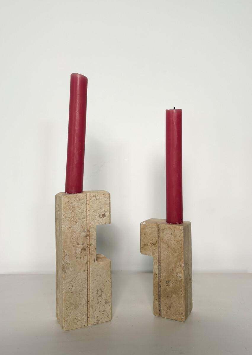 Pair Of Two Travertine Candlesticks By Fratelli Mannelli, 1970s photo furniture