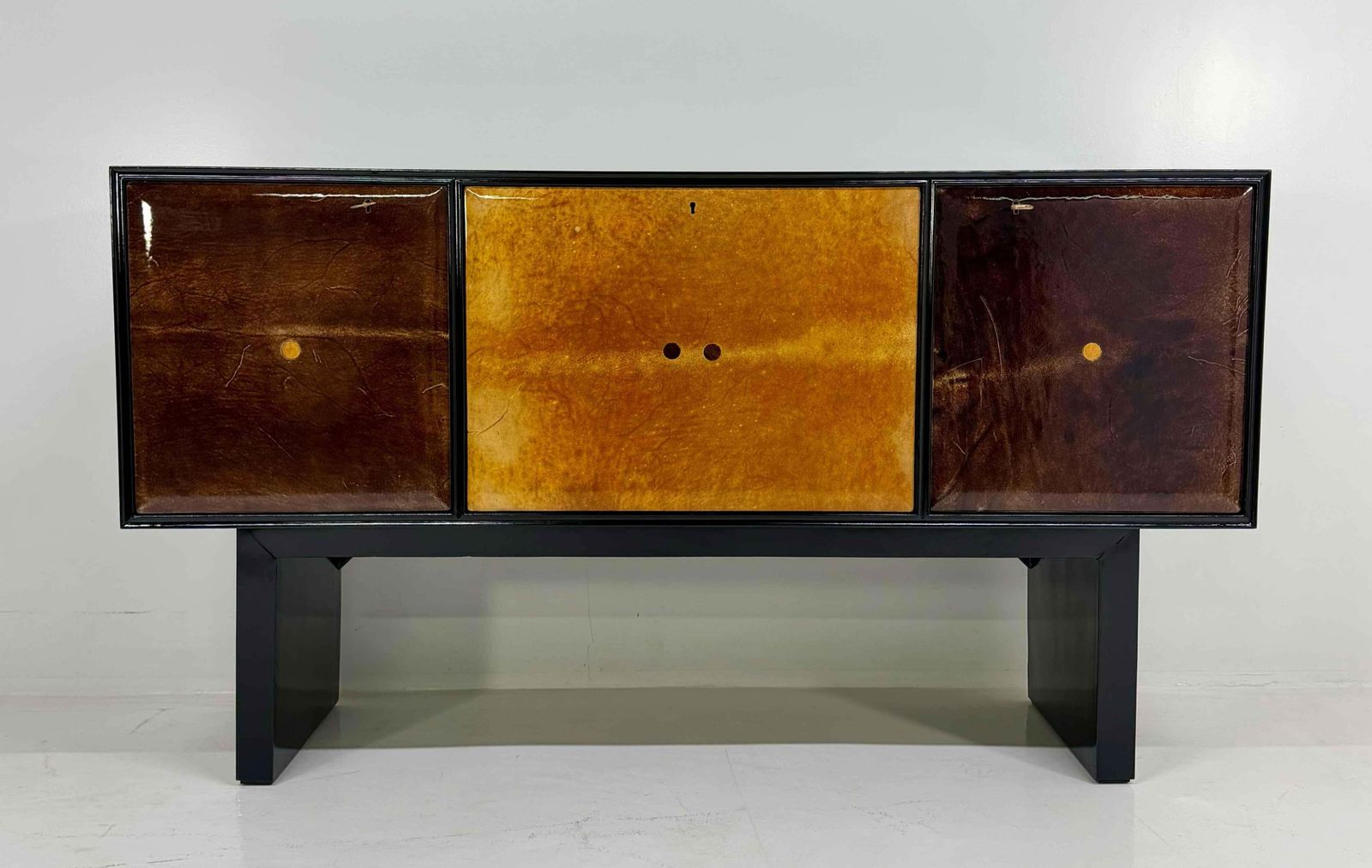 Italian Art Deco Sideboard With Parchment Leather And Ebonized Wood, 1950s photo furniture