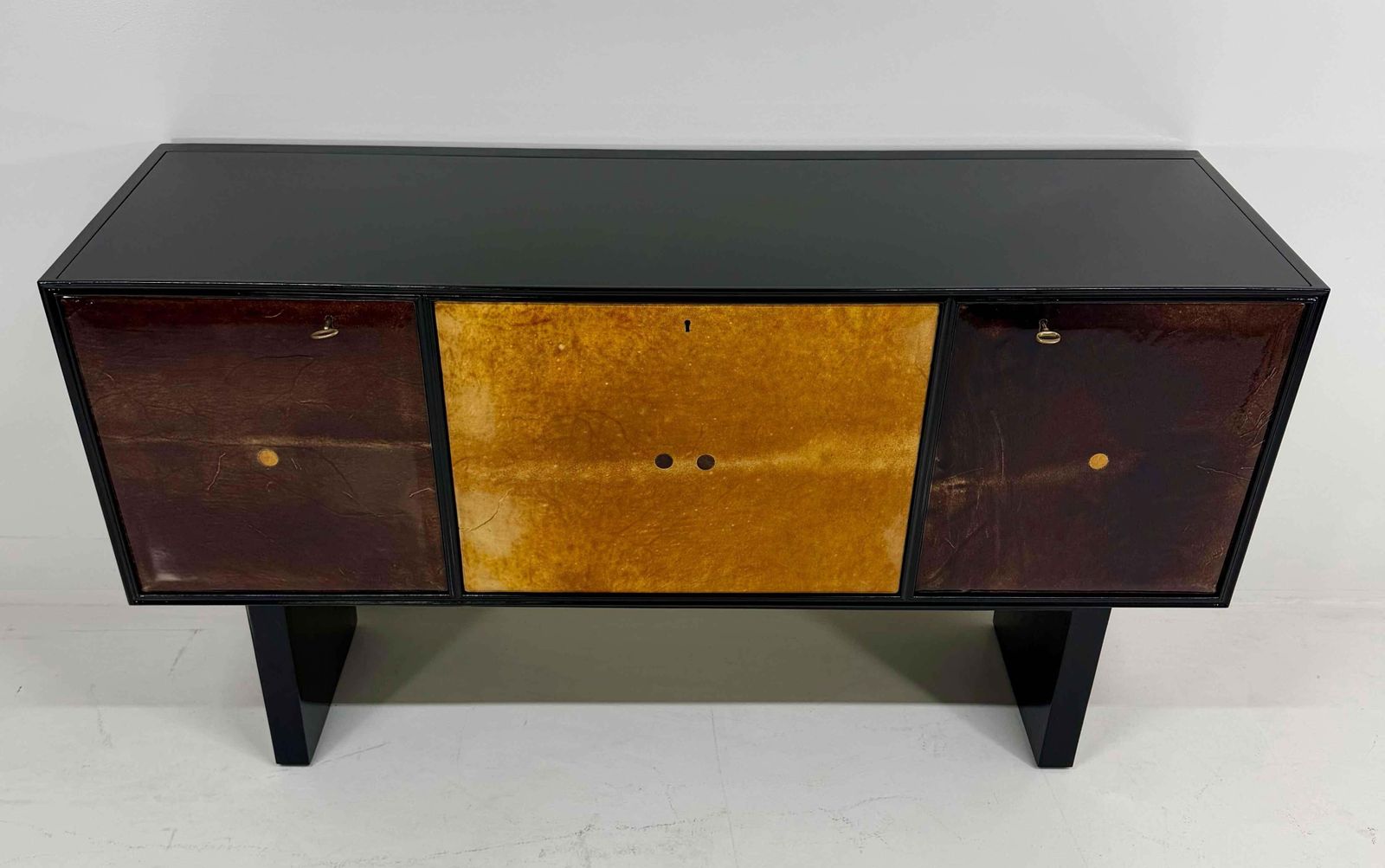 Italian Art Deco Sideboard With Parchment Leather And Ebonized Wood, 1950s photo Furniture