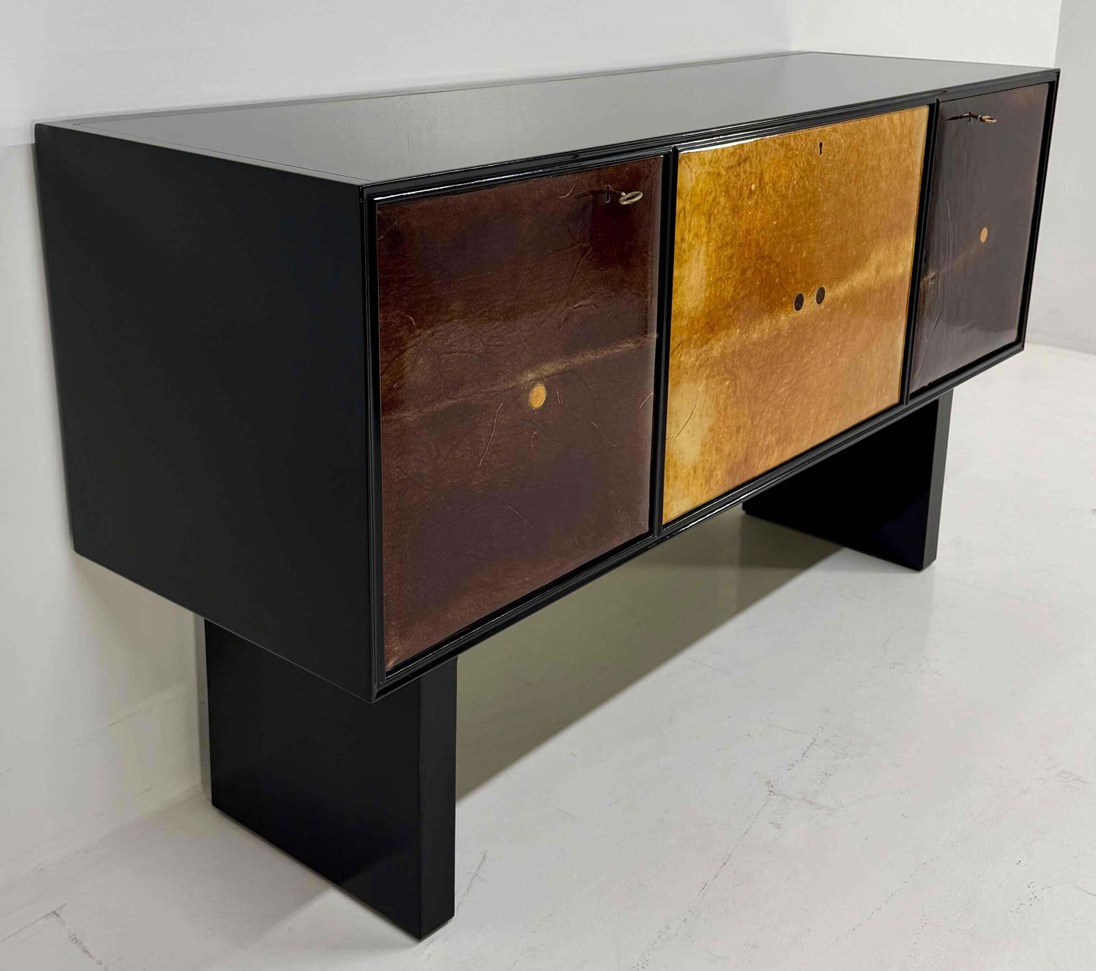 Italian Art Deco Sideboard With Parchment Leather And Ebonized Wood, 1950s photo vinterior