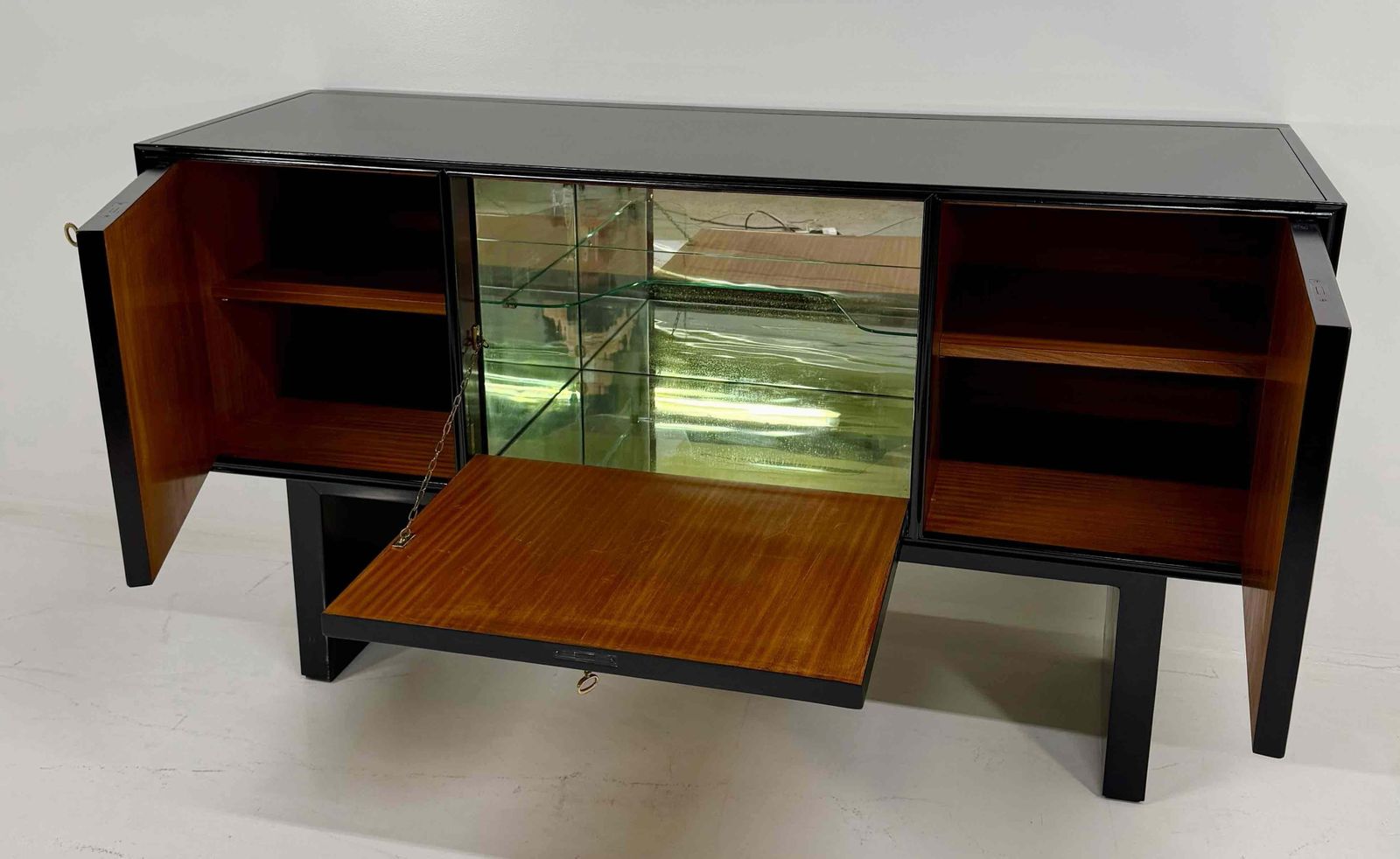 Furniture Italian Art Deco Sideboard With Parchment Leather And Ebonized Wood, 1950s photo