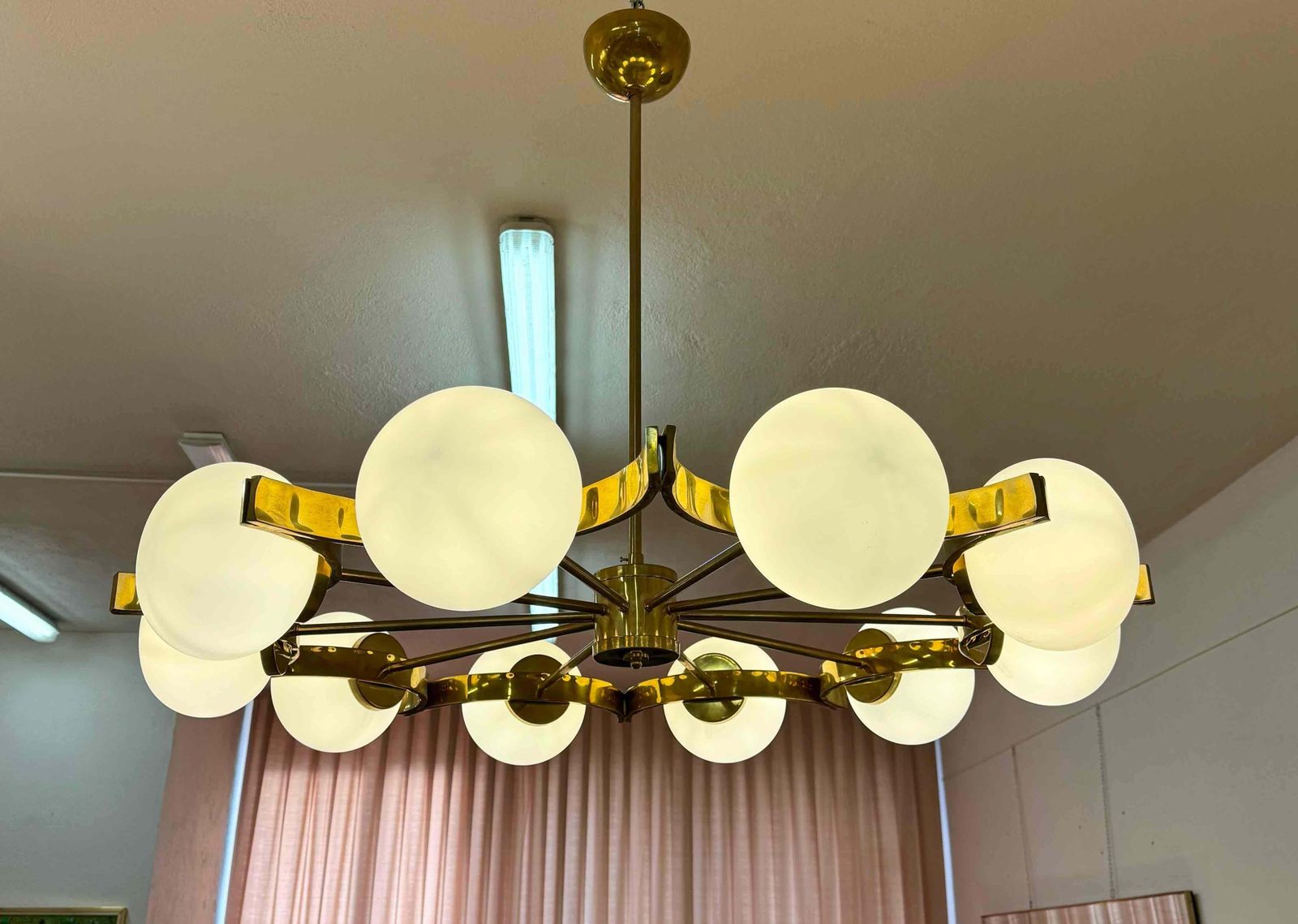 Italian Murano Glass Chandelier With 10 White Spheres And Radial Brass Structure photo furniture