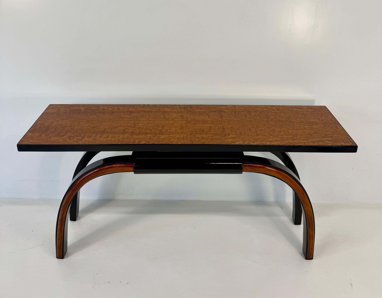 Italian 1940s Art Deco Console In Black Lacquer, Walnut And Maple Burl photo Furniture