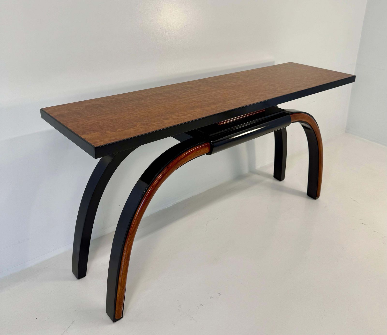 Italian 1940s Art Deco Console In Black Lacquer, Walnut And Maple Burl photo vinterior