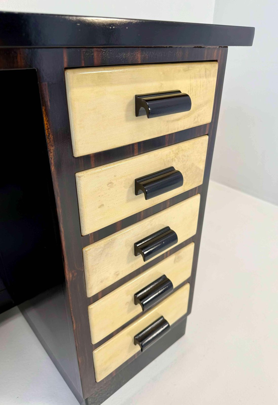 Pair Of Italian Art Deco Twin Desks In Macassar And Parchment, 1940s photo buy