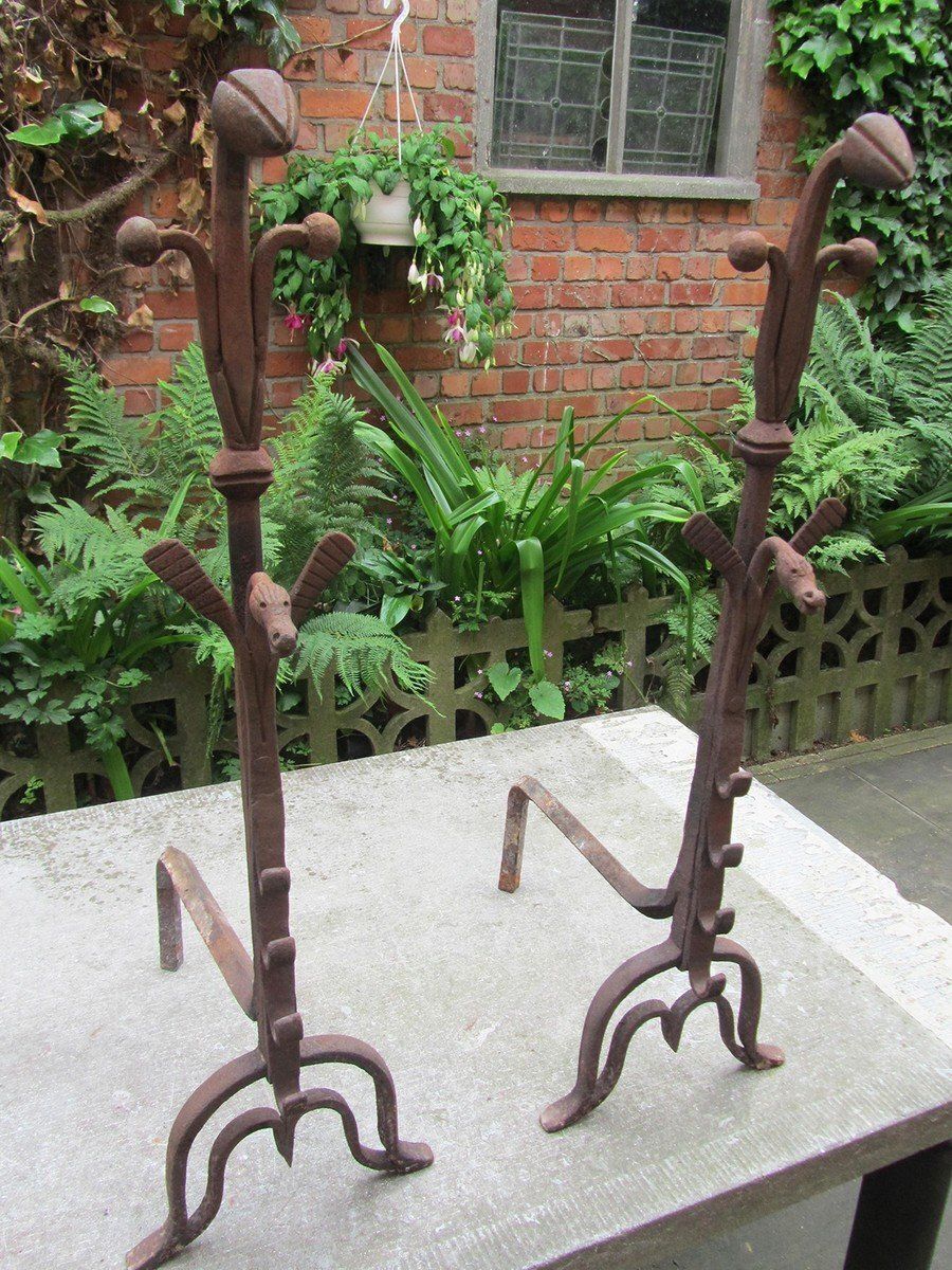Antique Hand Forged Iron Dragon Gothic Andirons, 1700s, Set Of 2 photo vintage