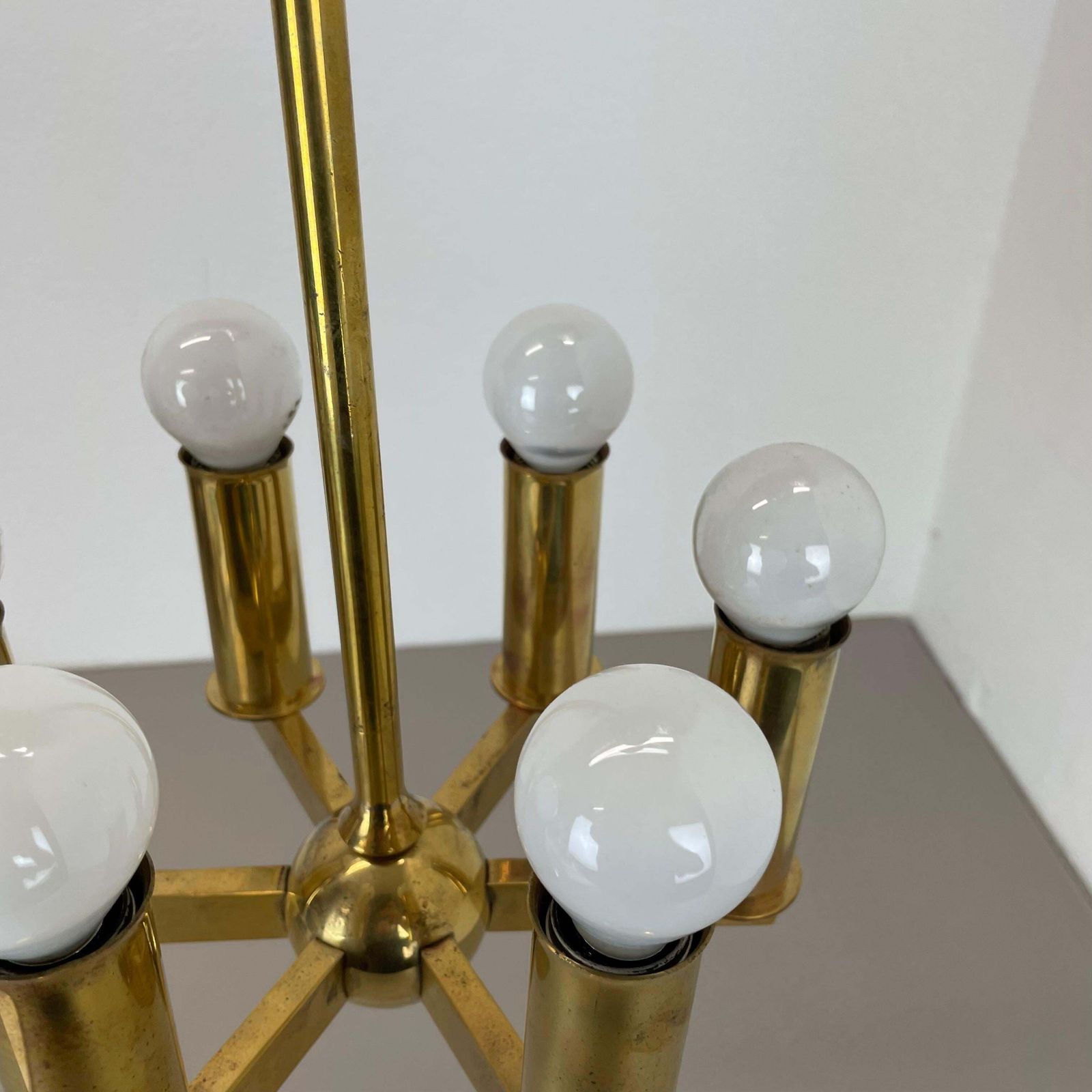 photo buy Unique Round Brass Gino Sarfatti Style Hanging Light Chandelier, Italy 1950s