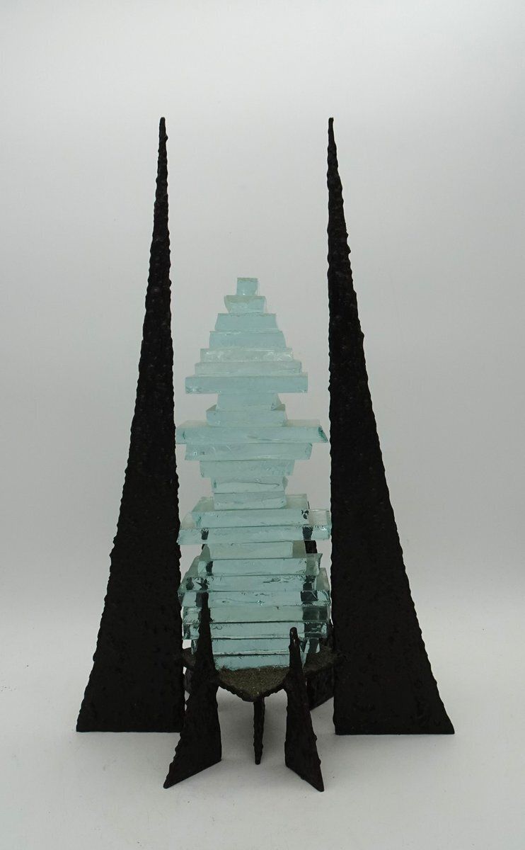 Modernist Abstract Glass And Wrought Iron Art Sculpture, 1980s photo for sale