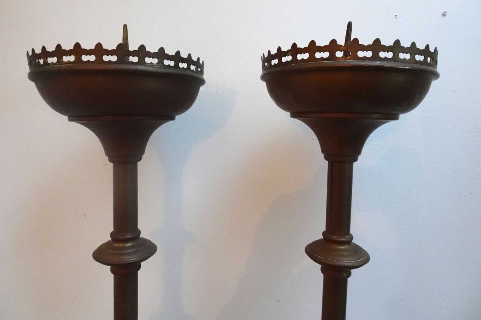 Antique Brass Gothic Church Altar Candlesticks, 1890s, Set Of 2 photo for sale