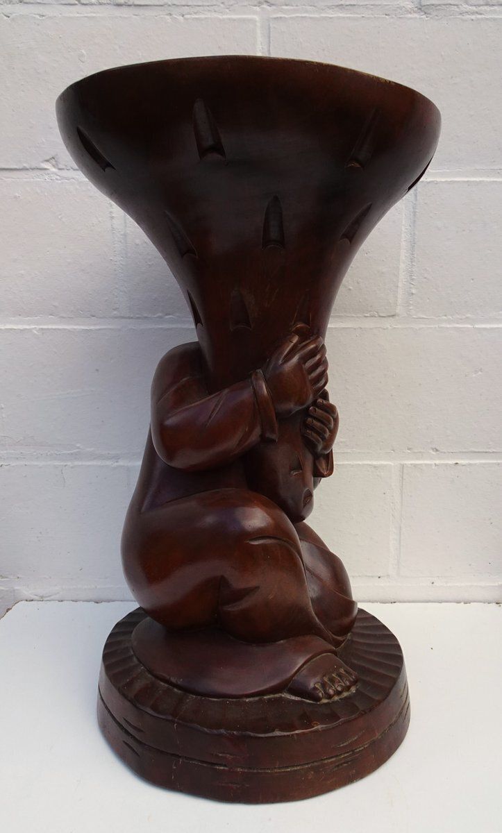 Carved Wooden Plant Stand In Teak, 1970s photo buy
