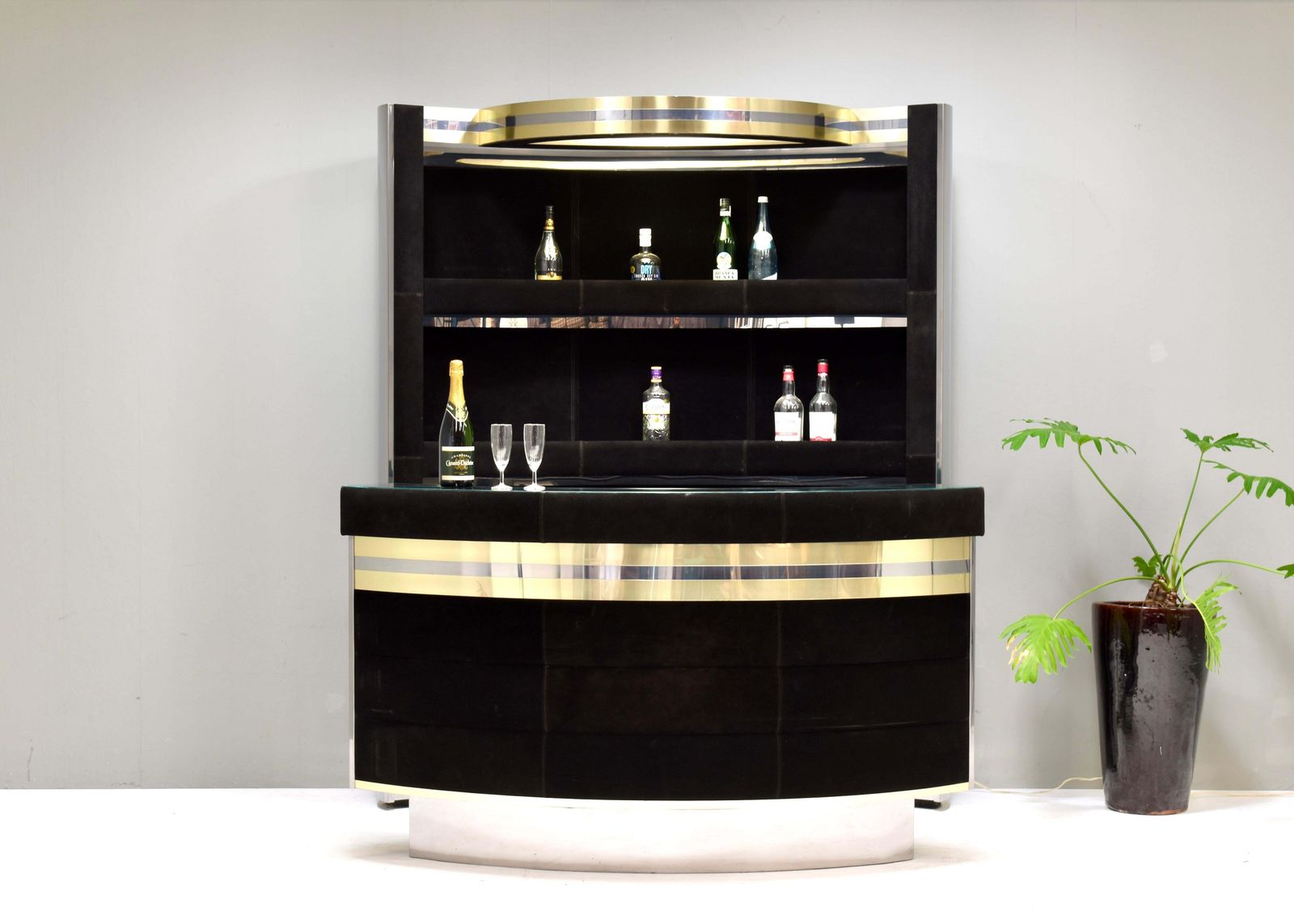 Hollywood Regency Bar In The Style Of Willy Rizzo Black Suede Brass Chrome 1970s photo for sale
