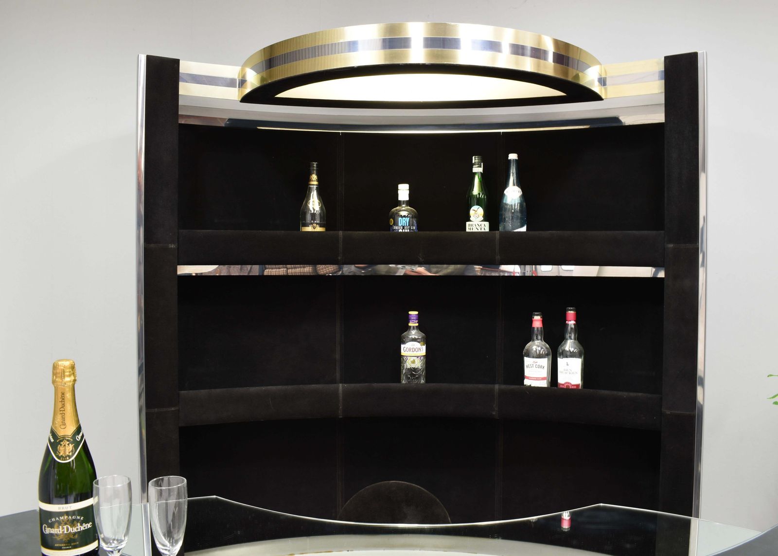 photo for sale Hollywood Regency Bar In The Style Of Willy Rizzo Black Suede Brass Chrome 1970s