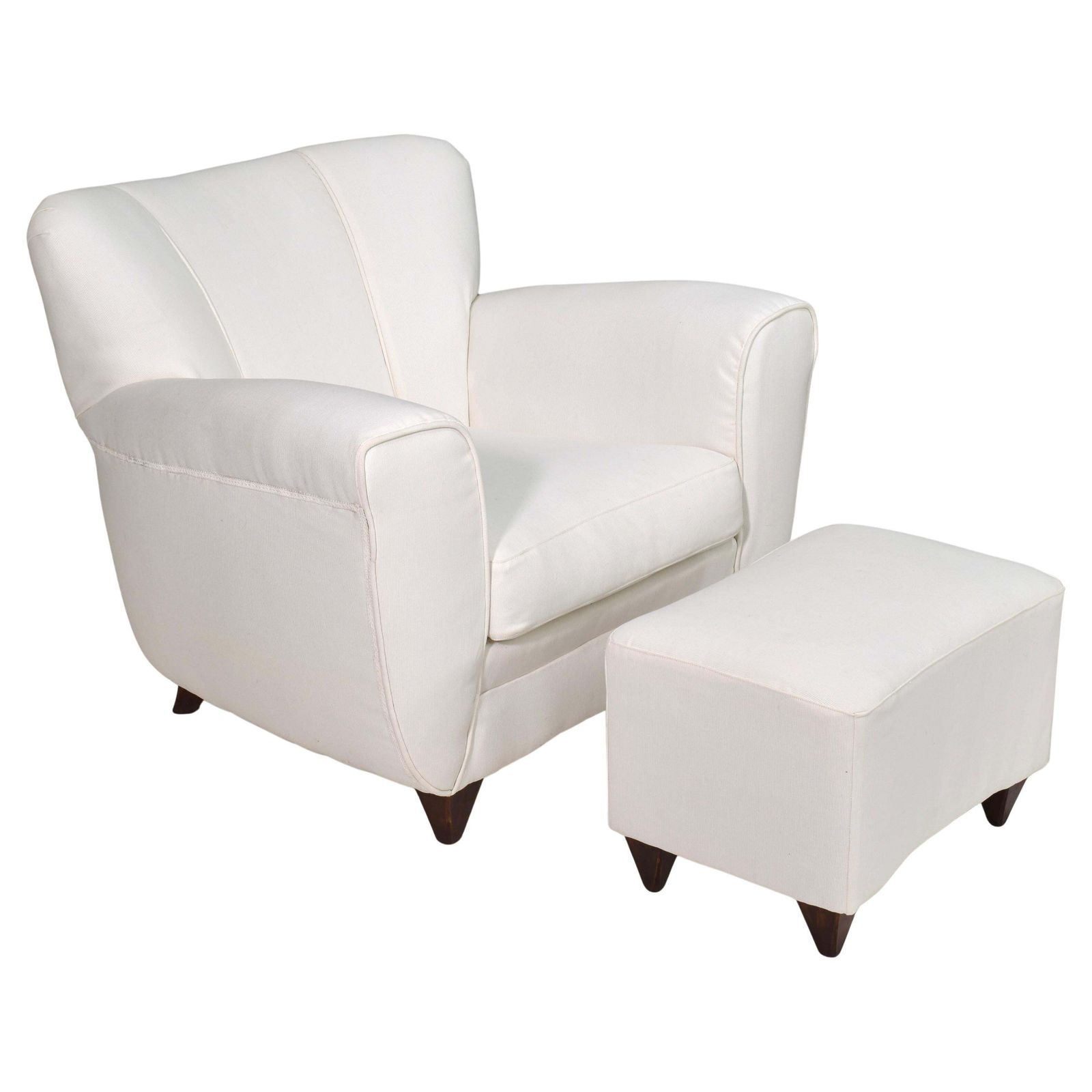 Italia Lounge Armchair With Pouf In Cream White Fabric – Italy, Circa 1940s