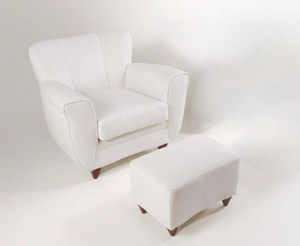 Italia Lounge Armchair With Pouf In Cream White Fabric – Italy, Circa 1940s photo 2137.0