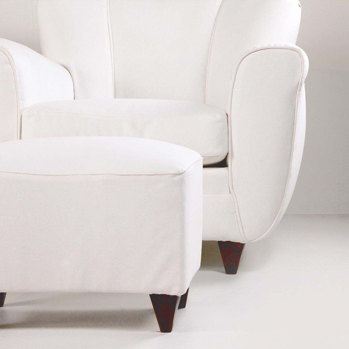 photo for sale Italia Lounge Armchair With Pouf In Cream White Fabric – Italy, Circa 1940s