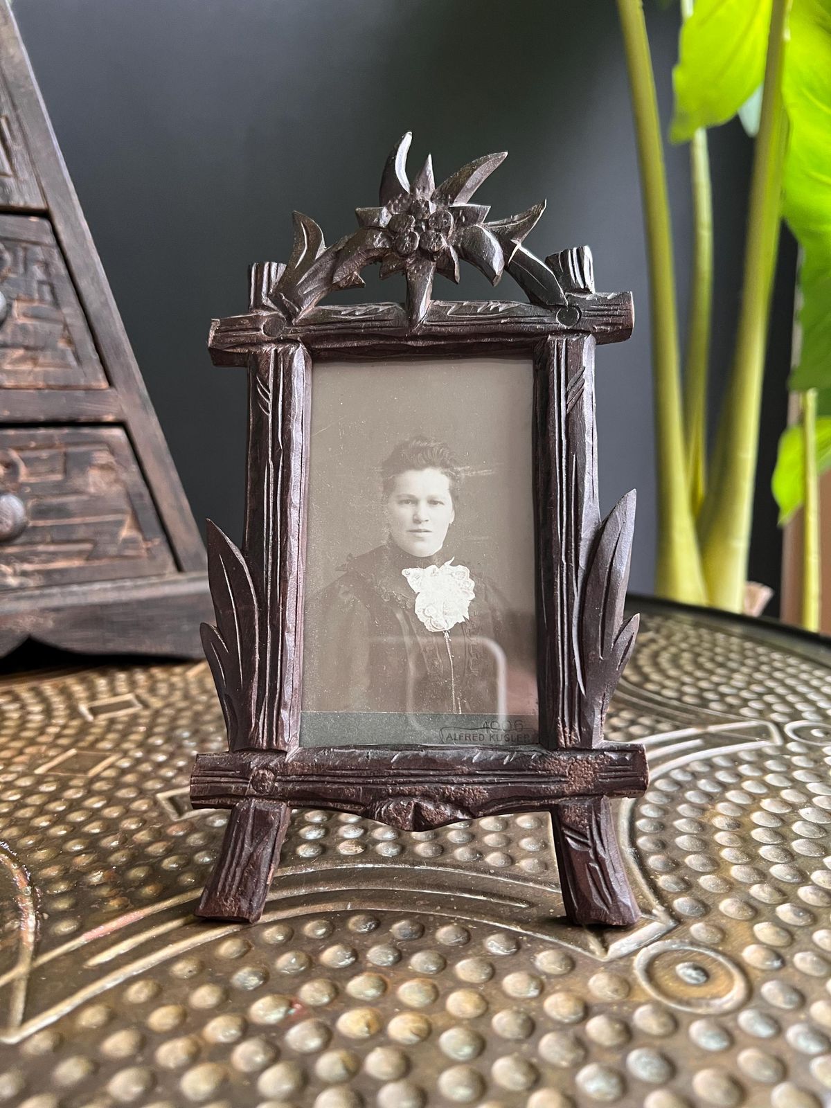 Tramp Art Picture Frame: Hand Carved Folk Art Wood, Swiss 1900s