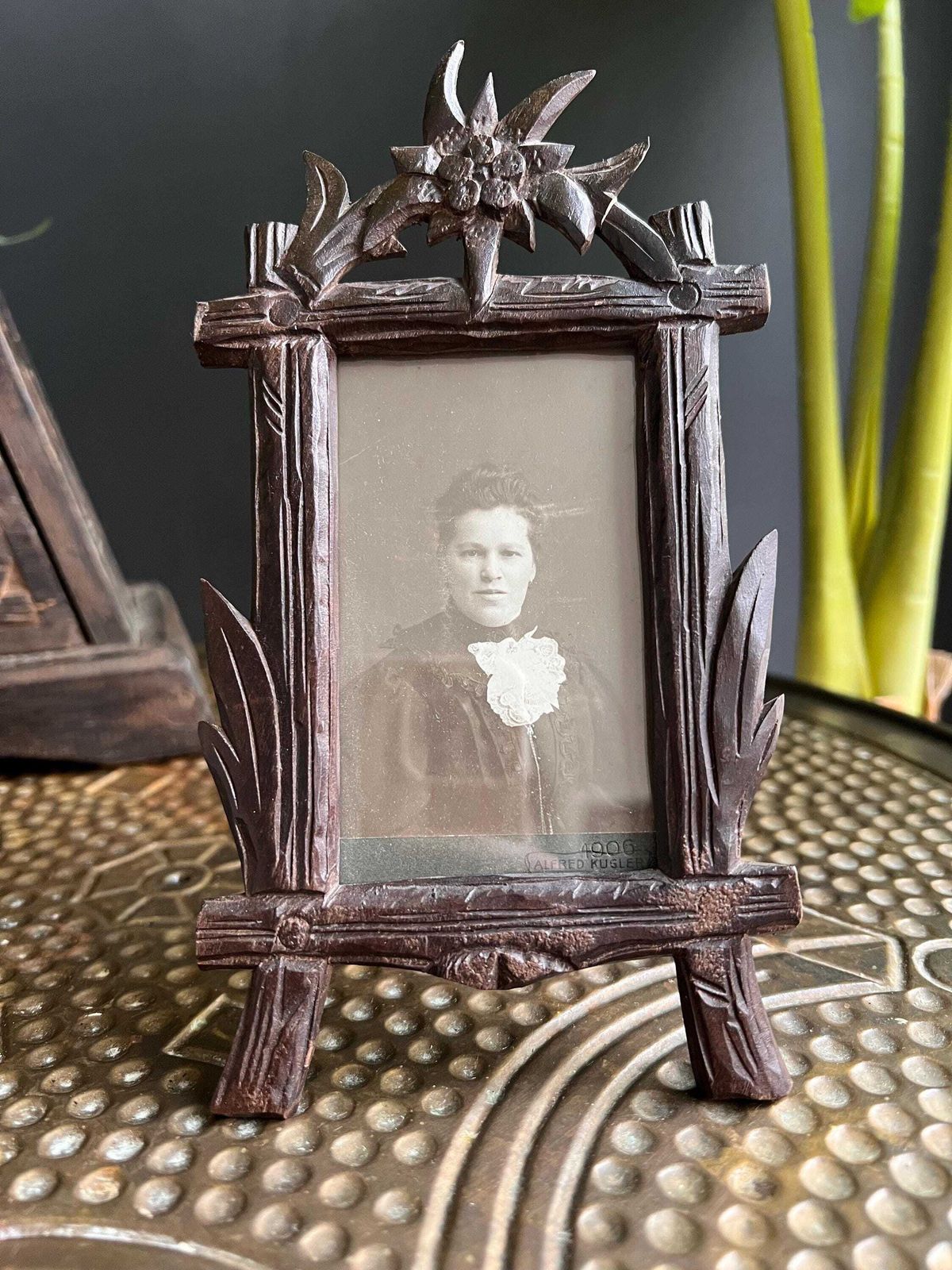Tramp Art Picture Frame: Hand Carved Folk Art Wood, Swiss 1900s photo for sale
