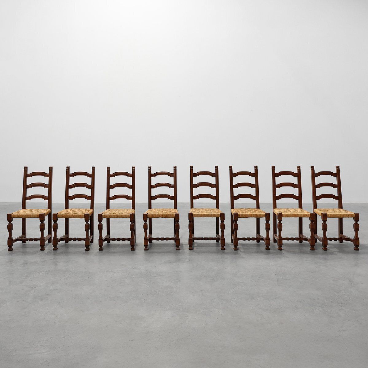 Mid Century Brutalist Chairs In Wood And Wicker, Belgium, 1970s, Set Of 8