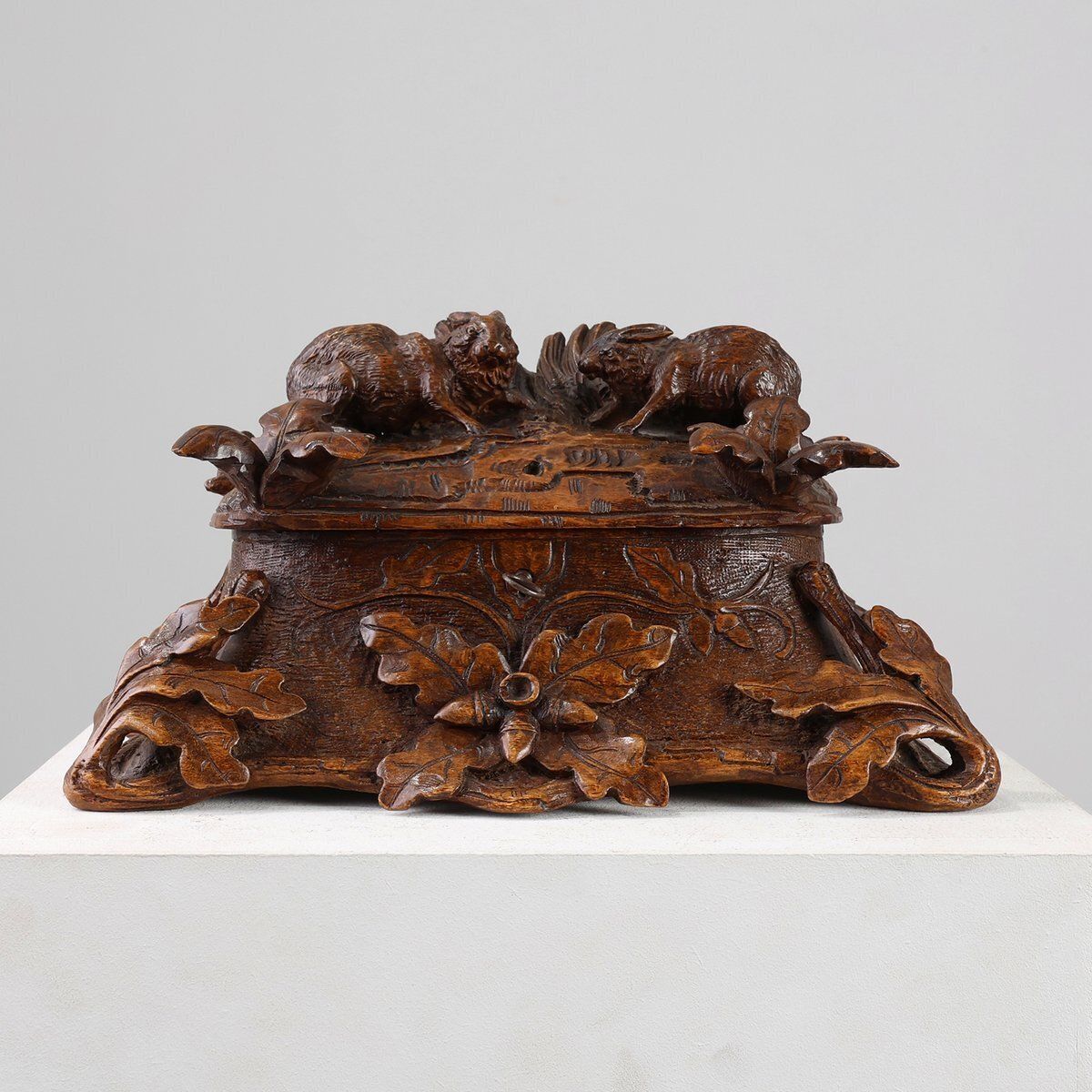 Antique Swiss Black Forest Hand Carved Jewelry Box In Oak, 1800s