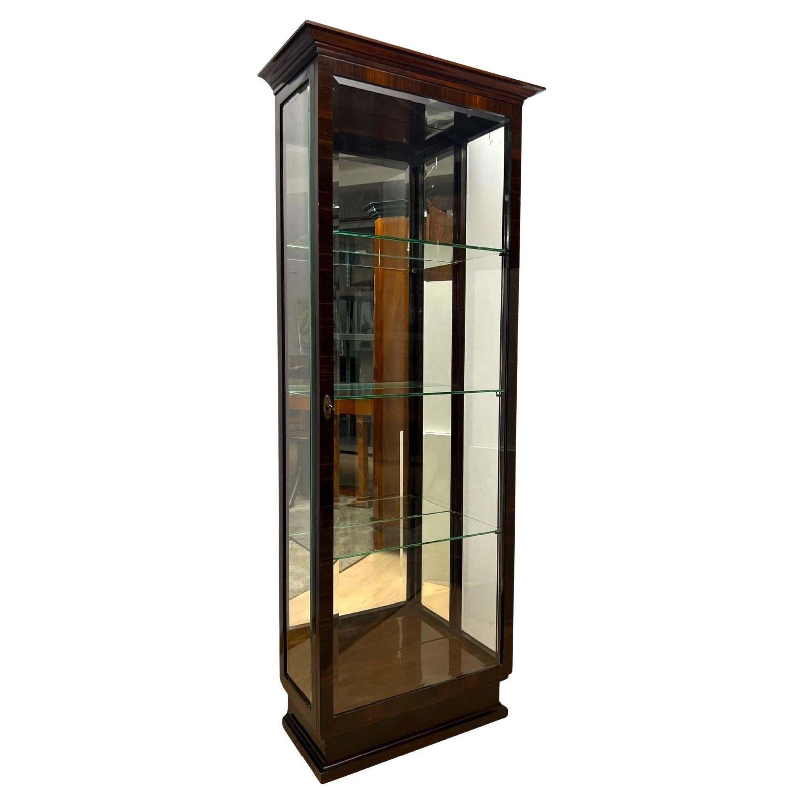 Art Deco Display Cabinet, 3 Sides Glass, Macassar Veneer, France, Circa 1930