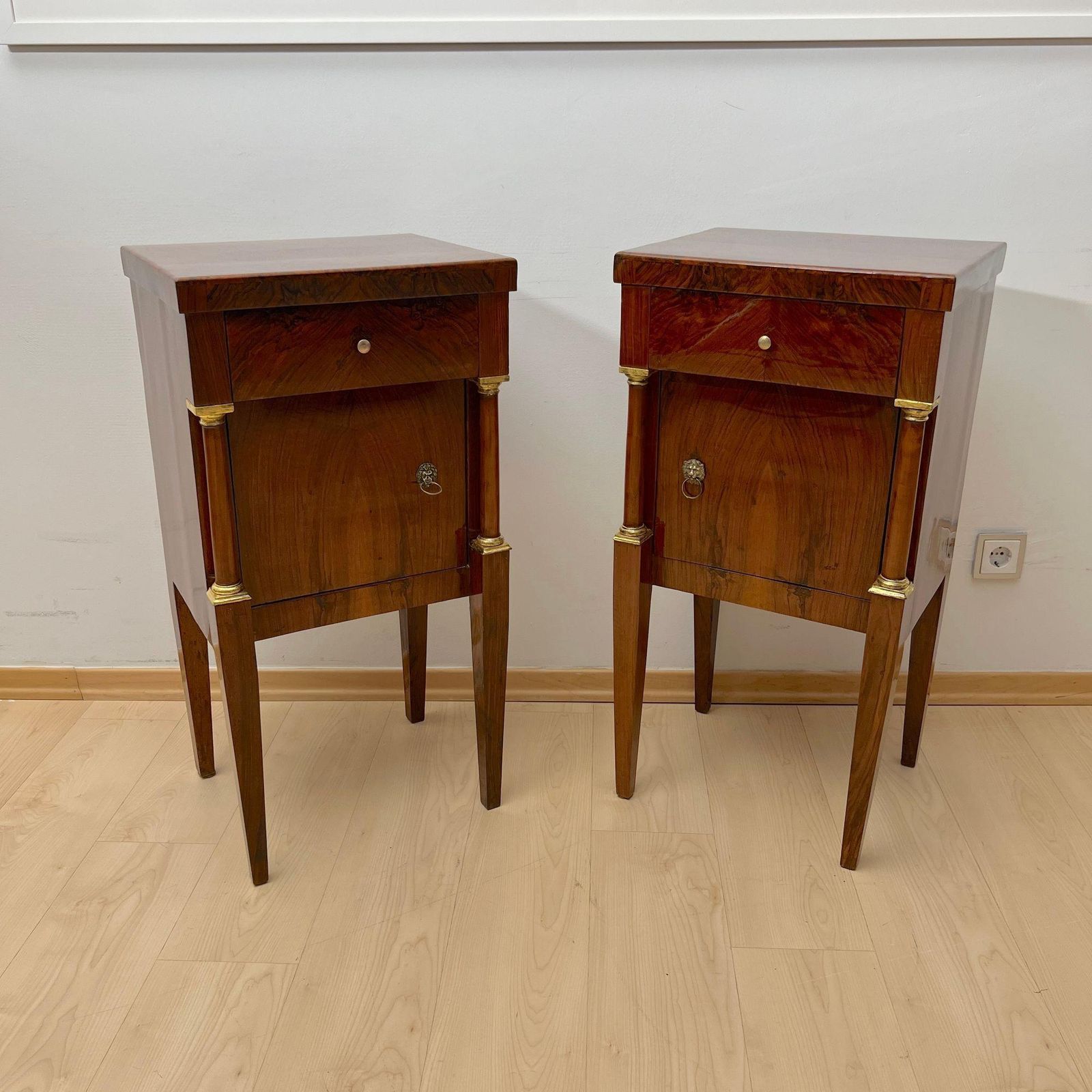 Empire Nightstands, Walnut, Full Columns, Gold Leaf, Brass, Italy, Circa 1810 photo Furniture