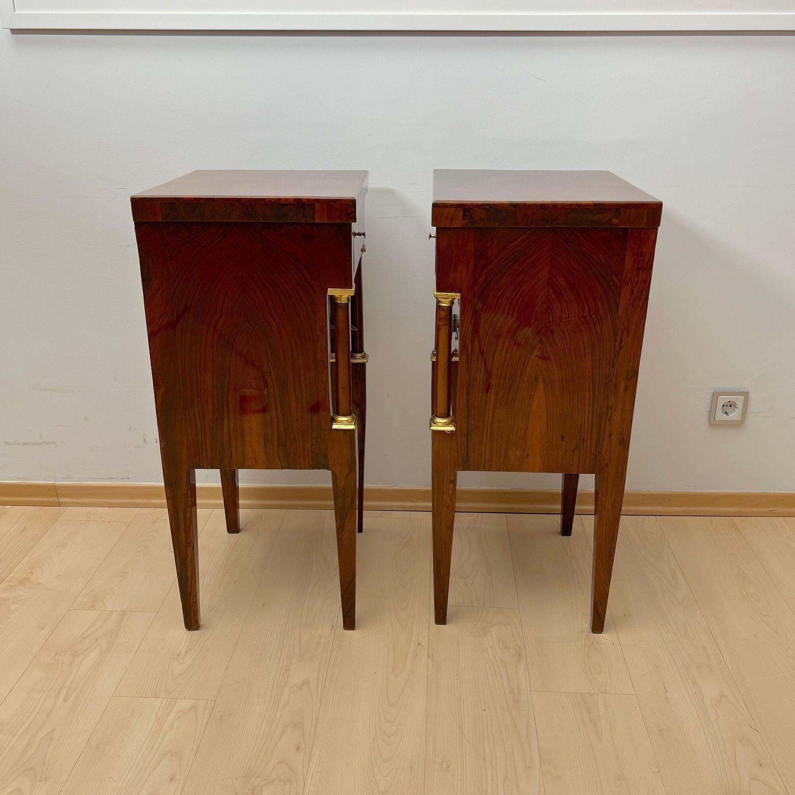 Empire Nightstands, Walnut, Full Columns, Gold Leaf, Brass, Italy, Circa 1810 photo 5383.0