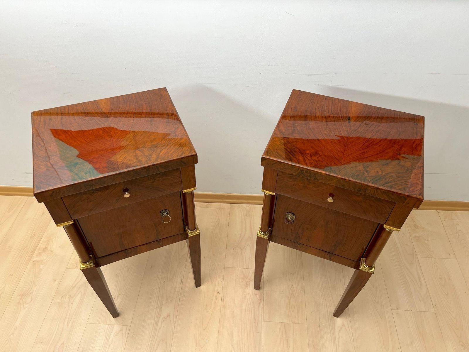 photo furniture Empire Nightstands, Walnut, Full Columns, Gold Leaf, Brass, Italy, Circa 1810
