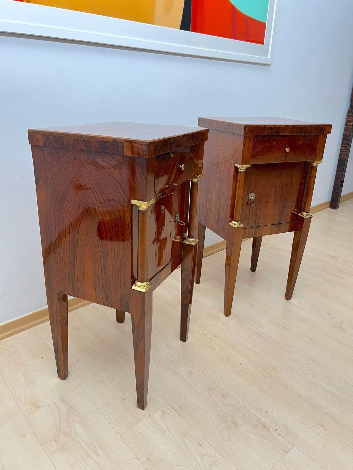 photo for sale Empire Nightstands, Walnut, Full Columns, Gold Leaf, Brass, Italy, Circa 1810